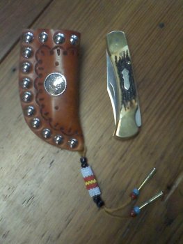 Schrade LB8 Papa Bear Knife & Concho Sheath with Peyote Beaded Drop..jpg